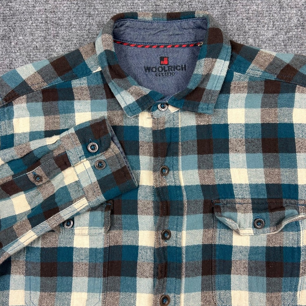Woolrich Flannel Shirt‎ Mens Medium Teal Brown Plaid Cotton Button Down Gorpcore